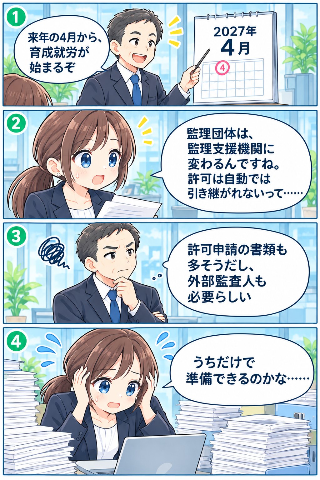 漫画：育成就労の開始を知り、監理支援機関の許可に不安を感じる担当者（1〜4コマ）