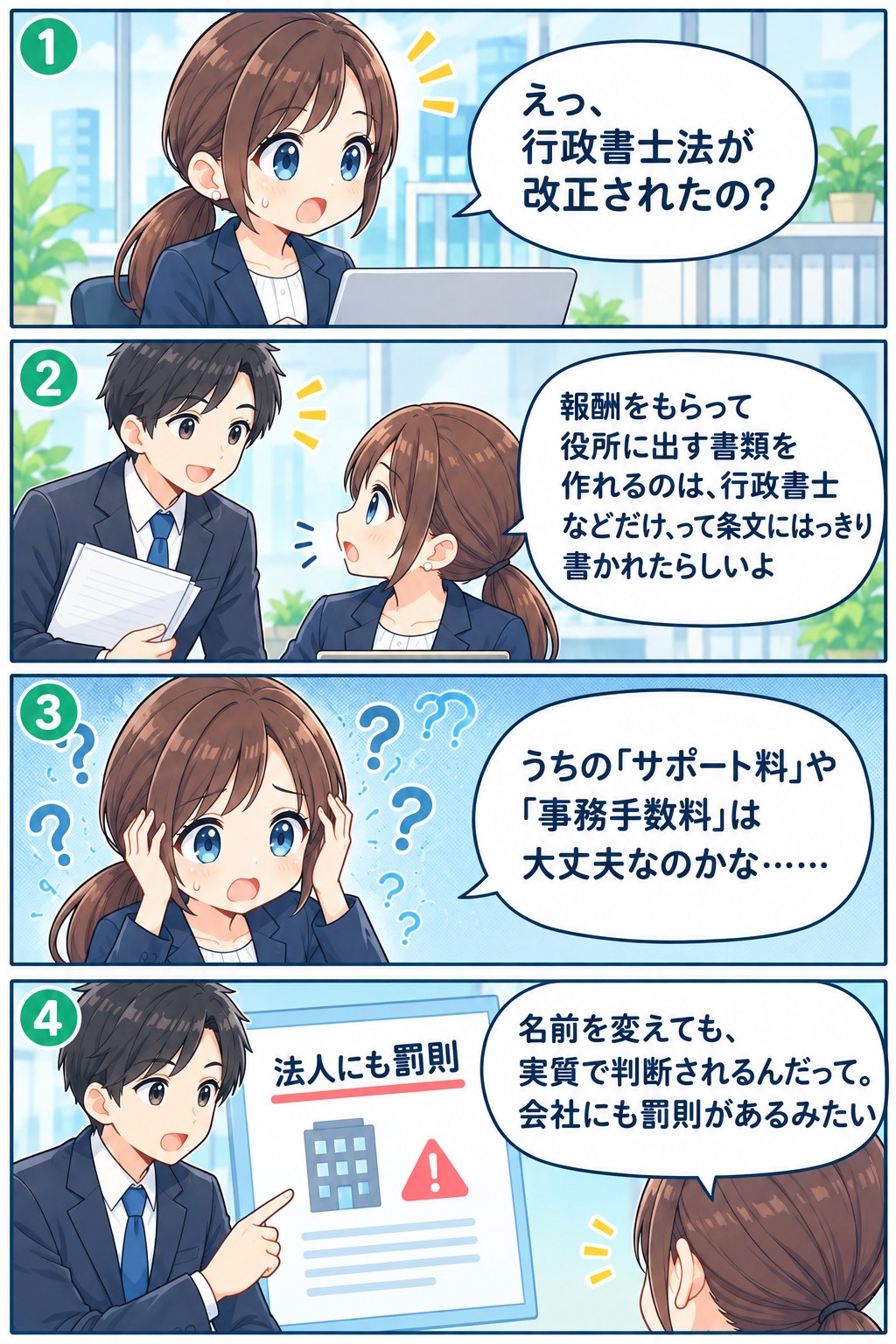 漫画:行政書士法が改正されたと知り、不安になる登録支援機関の担当者(1〜4コマ)